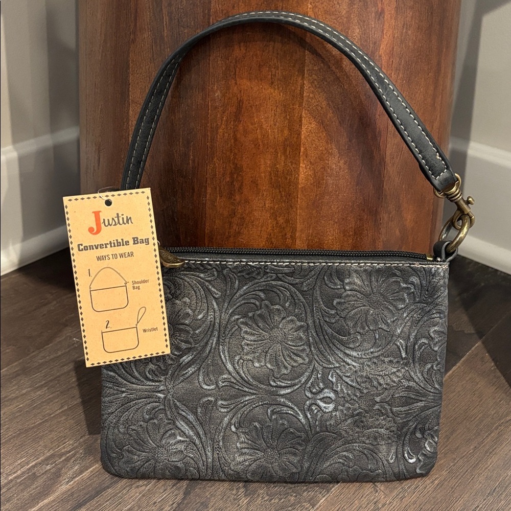 Justin Convertible Wristlet/shoulder bag,tooled floral,3 card slot l,zip top